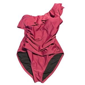 Hilor Swimsuit Womens Size 8 One Shoulder Ruffled Burgundy Ruched Slimming